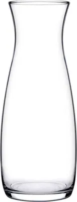 A clear glass carafe on a white background.