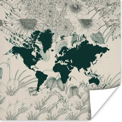 Produktbild von MuchoWow® Poster Weltkarte - Blumen - Pflanzen 75x75 cm - Wand Dekoration
