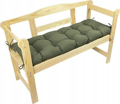 A wooden bench with an olive-colored cushion.