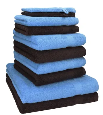 Produktbild von Betz 10-tlg. Handtuch-Set PREMIUM 2 Duschtücher 4 Handtücher 2 Gästetücher 2 Waschhandschuhe  Farbe:  hell blau & dunkel braun