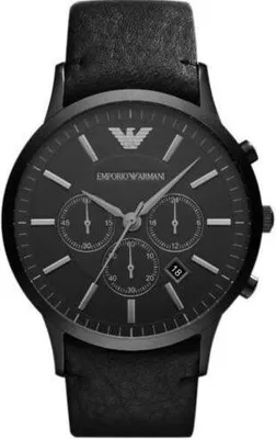 A close-up, front-facing studio shot of a black Emporio Armani chronograph watch with a black leather strap.