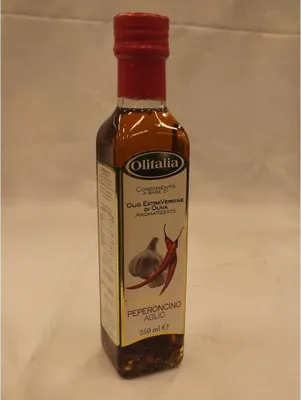 Produktbild von Olitalia Olio Extra Vergine di Oliva con Peperoncino & Aglio 250ml Flasche (Extra natives Olivenöl mit Peperoni & Knoblauch)