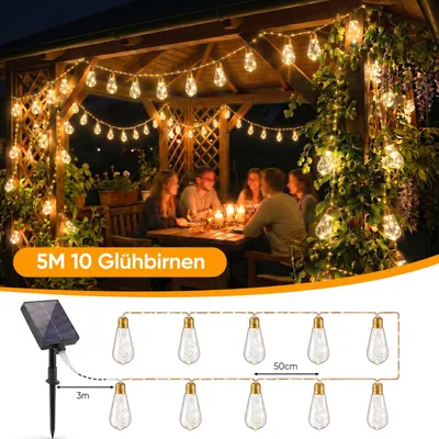 Produktbild von SALCAR Solar Lichterkette Aussen Vintage Hanfseil, 5M 10 Glühbirnen LED Wetterfest Solar Lichterkette Außen, 8 Modi Outdoor Lichterkette für Baum, Ter