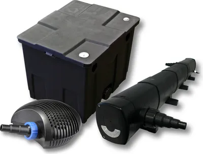 Obrázek produktu pro Kompletní sada SunSun: jezírkový filtr CBF-350 do 12000 l jako filtr s kontinuálním průtokem, jezírkové čerpadlo CTF-6000 SuperECO 6000 l/h 40 W, jezírkový odkalovač CUV-272 UVC odkalovač s výkonem 72 W