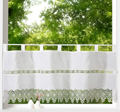 Produktbild von heimtexland ® Scheibengardine Natur Stickerei Spitze Gardine Landhaus Borte HxB 45x120 Bistrogardine Leinen Optik  Typ791