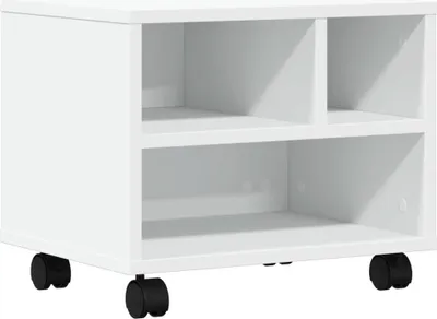 A white printer stand with wheels and two shelves, one divided into two compartments.