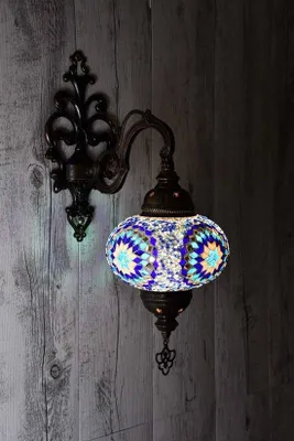 Obrázok produktu pre Ručne vyrobená turecká nástenná lampa v modrej farbe – orientálna mozaiková marocká lampa, 18 x 30 cm