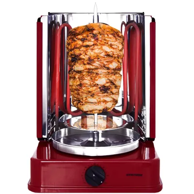 A red döner grill with a rotating spit of meat.