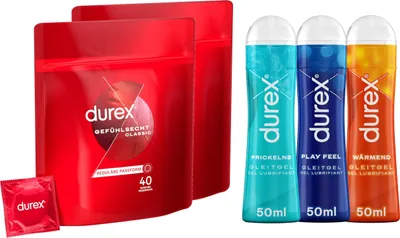 Produktbild von Durex Kondome Gefühlsecht Classic 2 x 40 Stück + 3 x 50ml Gleitgel Wärmend Prickelnd Play Feel