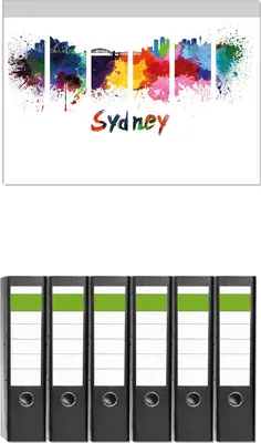 Produktbild von Wallario 6 Stück breite Ordner inkl. Klebeetiketten mit Motive Städte als Aquarell - Skyline von Sydney -  Set mit Rückenschildern / Ordnerrücken Stickern