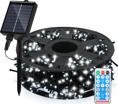 Zdjęcie produktu dla Łańcuch świetlny LED zasilany energią słoneczną, 50 metrów, 500 diod LED, do użytku wewnątrz i na zewnątrz, 8 trybów, idealny do dekoracji ogrodu, balkonu, na imprezy, na Boże Narodzenie, światło białe