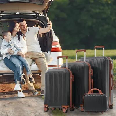 Image de AIORBER Set de bagages à coque dure 4 pièces S/M/L/XL en ABS, serrure TSA, roulettes doubles 360°, trolley avec poignée télescopique en métal, noir antique