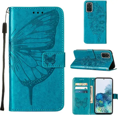 Produktbild von Galaxy S20 Plus Hülle, Schmetterling Prägung Flip Leder Kartenfächer Schutzhülle Ledertasche mit Ständer für Samsung Galaxy S20 Plus Blau