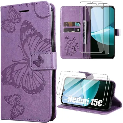 Image de Coque + 2 Verres Trempés pour Xiaomi Redmi 15C 4G/5G, Protection Cuir Synthétique Violet Motif Papillon
