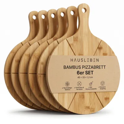 Produktbild von hausleben Pizzabrett 33 cm Bambus 6er Set – Rundes Schneidebrett mit Griff und Schneiderillen – Holz Pizzateller für Flammkuchen, Holzteller Servierbrett für Pizza, Leicht zu Reinigen, KI-generiertes Bild
