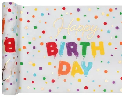 Produktbild von Tischläufer Vlies Happy Birthday Punkte bunt gold