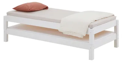 Produktbild von Stapelbett RINO 90x190 cm 2er Set in weiß aus Kiefer Massivholz, Kinderbett mit Gästebett aus massivem Holz, platzsparendes Stapelliege Massivholzbett
