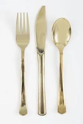 Produktbild von 18 tlg. Plastik Besteck gold hochglanz Löffel Messer Gabeln