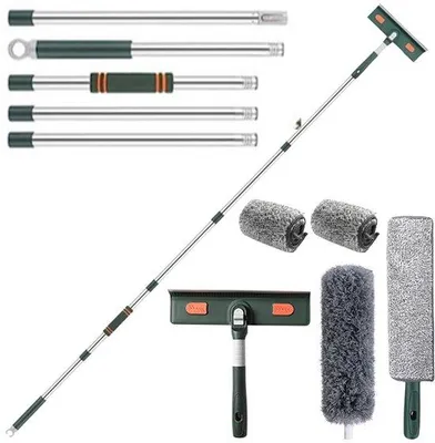 Obrázok produktu pre Uniqoos® Teleskopický čistič okien s dĺžkou 72–207 cm, s 180° kĺbom, s 3-v-1 mikrovláknovou utierkou a gumovou hranou – 5-dielna hliníková tyč, vhodný na okná, sprchy a automobily