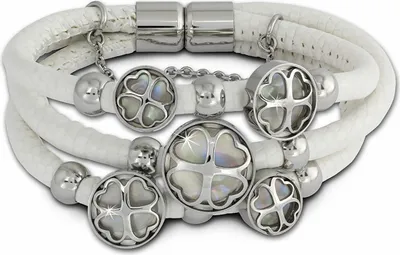 Produktbild von Amello Leder Edelstahl Perlmutt Armband Kleeblatt Damen weiß silber LAQ005W1