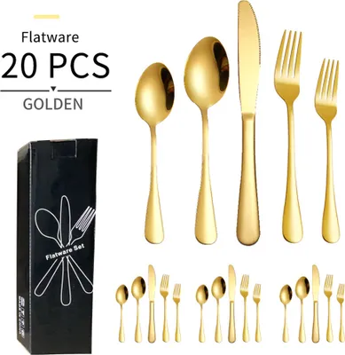 A set of golden cutlery displayed against a white background, with a black box on the left.