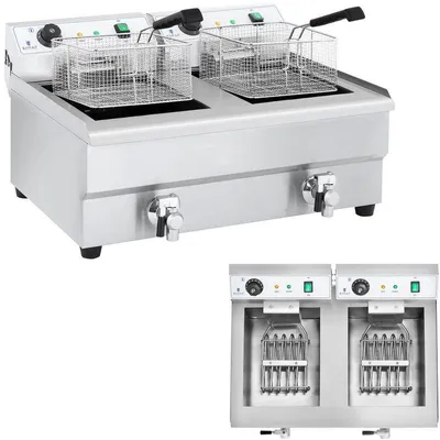 Immagine prodotto di Friggitrice – Doppia vasca di frittura – Bollitore per frittura – Friggitrice elettrica da 2 x 16 litri con rubinetto di scarico