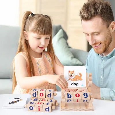Immagine prodotto di Blocchi di lettura in legno per bambini, giochi di ortografia per bambini, schede didattiche, puzzle alfabetico girevole, giocattoli didattici, scuola materna e asilo