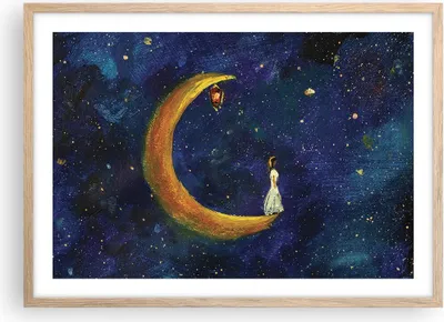 Produktbild von Gerahmtes Poster - Rahmen in heller Eiche - Mädchen auf der Mond - 70x50 cm - Wand Bild - Wanddeko - Wandbilder - Kunstposter - Wandposter - Bilderrahmen - Bilder - Kunstdruck - P2NAA70x50-4575