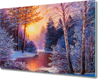Produktbild von Coloray Hackbrett Küchenbrett Kochplattenabdeckung Schneidebrett Herdabdeckplatte 80x52 cm - Wald Fluss Schnee Sonnenuntergang
