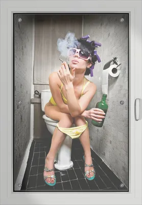 Produktbild von Wallario Lichtschutzbild, Dekorativer Sichtschutz Sonnenschutz 60 x 93 cm mit Motiv: Kloparty - Sexy Frau auf Toilette Zigarette & Schnapsflasche - farbig - Verdunklung ohne Bohren