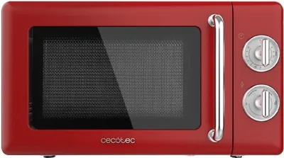 A red retro microwave oven shown from the front.