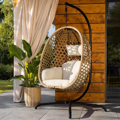 Produktbild von di volio Hängesessel SOMI mit Gestell - braun, Hängesessel Outdoor aus PE-Rattan mit Stahlgestell, wetterfest & bequem