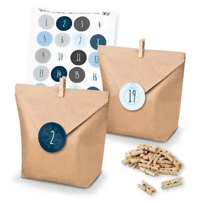 Produktbild von Adventskalender Set 12 Geschenktüten + Klammern + Sticker