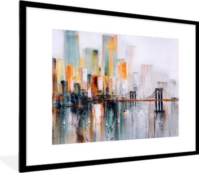 Produktbild von MuchoWow® Gerahmtes Poster Ölgemälde - Skyline - Abstrakt 80x60 cm - Poster mit Schwarzem Bilderrahmen Wandposter Rahmen Foto Bilder - Schlafzimmer-Dekorationen - Fotoposter