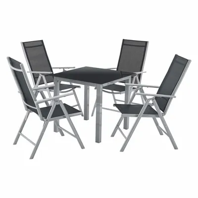 Zdjęcie produktu dla Juskys aluminiowy zestaw ogrodowy Milano zestaw mebli ogrodowych ze stołem i 4 krzesłami srebrnoszary z czarnymi siedziskami z włókna syntetycznego aluminiowa grupa mebli balkonowych