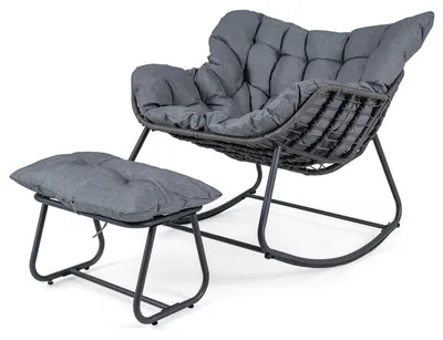 Produktbild von KOMFOTTEU Schaukelstuhl mit Hocker, übergroßer Gartensessel gepolstert mit abnehmbaren Sitzkissen, Relaxsessel aus Rattan mit Metallrahmen bis 150 kg, Schaukelsessel für Wohnzimmer, Garten & Balkon
