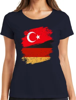 Produktbild von Türkische Deutsche Flagge Türkei Deutschland Fußball Fan Trikot Damen T-Shirt, Navy, XL