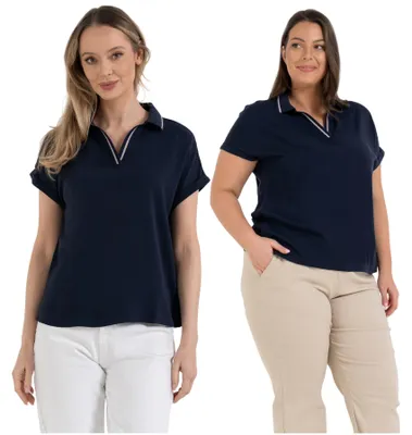 Productafbeelding van Moraj - Dameskleding, maat S - Blauw poloshirt - Damesblouse - Korte mouwen, halslijn met kraag