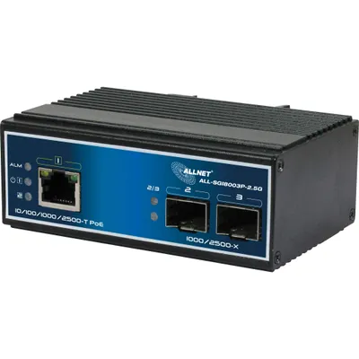 Obrázek produktu pro ALLNET Switch unmanaged industrial 3 Port 2.5Gigabit 90W 1x PoE BT 2x SFP 1G/2.5G - Switch - Glasfaser (LWL)