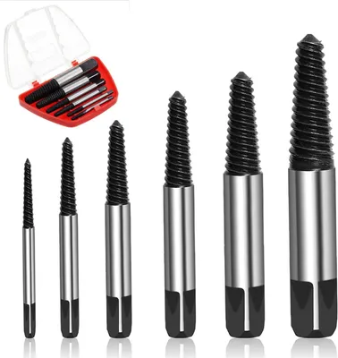Imagen del producto de Juego de extractores de tornillos, de 6 piezas, fabricado en acero al carbono, incluye caja de almacenamiento, para tornillos dañados