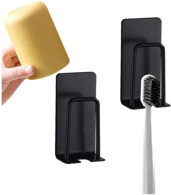 Productafbeelding van 2-delige set wandhouders voor tandenborstelhouders, 2-in-1 wandhouder voor tandenborstelhouders zonder boren, tandenborstelstandaard, zelfklevende tandenborstelhouder van kunststof (zwart)