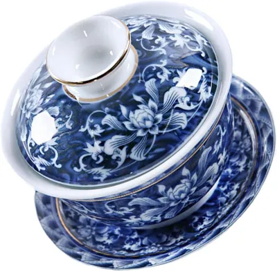 Produktbild von Chinesische Gongfu-Teeschale mit Deckel und Untertasse aus Keramik, 1 Satz im traditionellen Stil mit dekorativem Design, leicht zu verstauen und als Geschenk geeignet