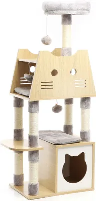 Produktbild von Fudajo Kratzbaum mit Holz 126 cm in Grau, Katzenkratzbaum mit Katzenhaus und Katzenhöhle, Katzenbaum mit Liege und Sisal, Katzenmöbel mit Spielbällen