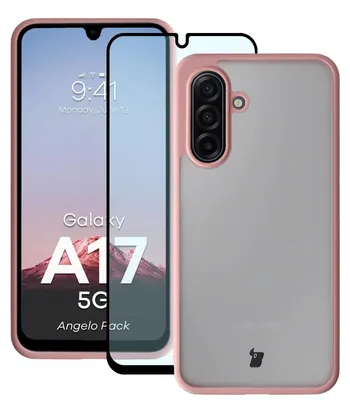 Produktbild von Schutzhülle + gehärtetem Glas für Galaxy A17 5G, Bizon Angelo Pack, Semitransparent mit hellrosem Rahmen