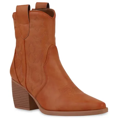 Produktbild von VAN HILL Damen Stiefeletten Cowboy Boots Trichterabsatz Stickereien Schuhe 837779, Farbe: Hellbraun, Größe: 37