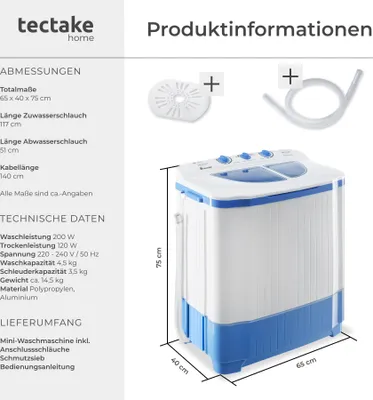 Produktbild von Tectake Mini-Waschmaschine mit Schleuder, weiß, 4,5 kg Waschen / 3,5 kg Schleudern, Doppelkammer, Kunststoff, 65x40x75 cm, für kleine Wohnungen & Camping, wasser-, energie- & zeitsparend