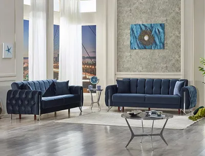 Produktbild von Polstermöbel 2x Dreisitzer Sofa Couch Komplett Textil Blau Wohnzimmer