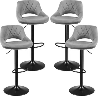 Four gray bar stools with black bases are arranged in a studio setting against a white background.