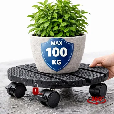 Produktbild von Pflanzenroller rund 28cm WPC Blumenroller Pflanzentrolley Holzoptik outdoor 2 Bremsen stabil bis 100 kg belastbar