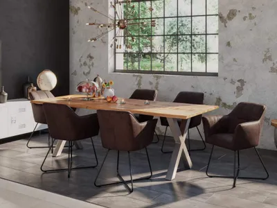 Produktbild von 7tlg. Essgruppe Dora 200 x 100 cm, Mangoholz massiv & naturfarben, Baumkantentisch mit X-Metallgestell in Silber + 6X Stuhl Kirin in Wildleder-Optik